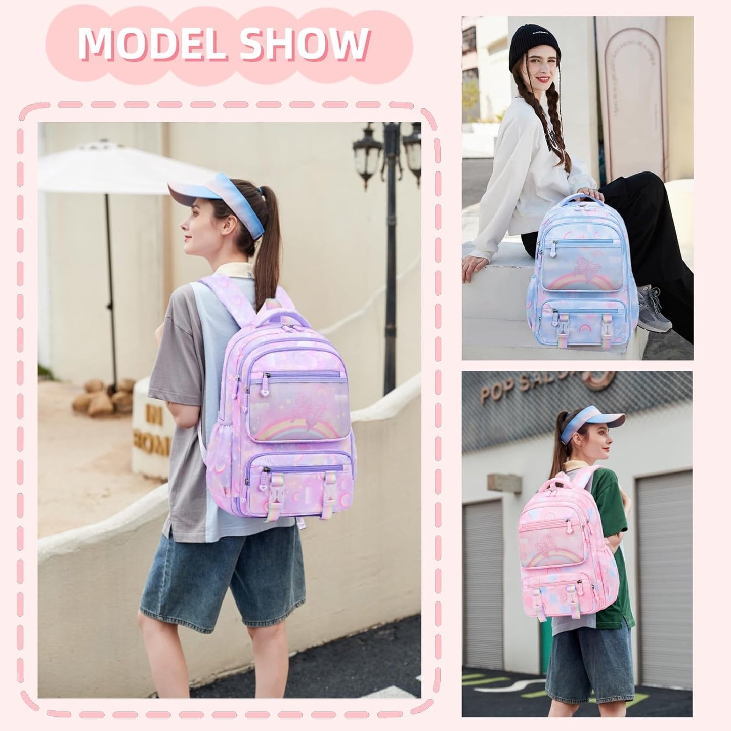 Kids Backpack for Girls Cute Rainbow Butterfly Backpacks for Teen Girls Age 8-12 Kindergarten Elementary Bookbag,Pink