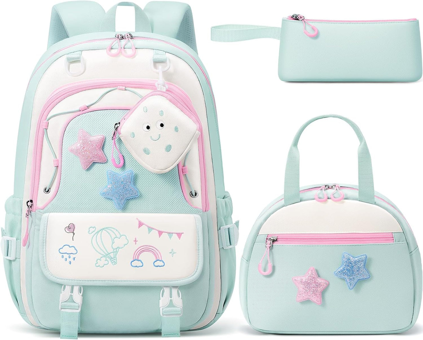 Fimibuke Kids Backpack for Girls, 4 PCS Waterproof Teen Girls Backpack with Lunch Box, Pencil Case & Headphone Bag Set, Cute Bookbag for Elementary Middle High School Student Back to School