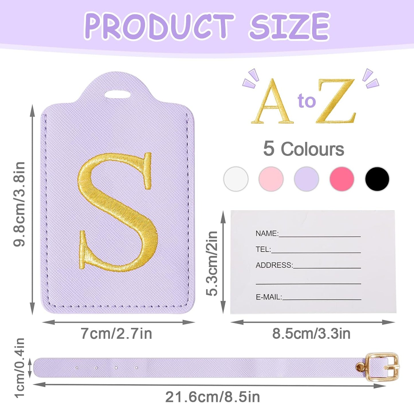 Personalized Initial Luggage Tags for Suitcases, Cute PU Leather Embroidered Letter Travel Luggage Tags, Suitcase Identifier Name Baggage Tag, Bag Tags for Men Women Kids Luggage Handbags(Purple S)