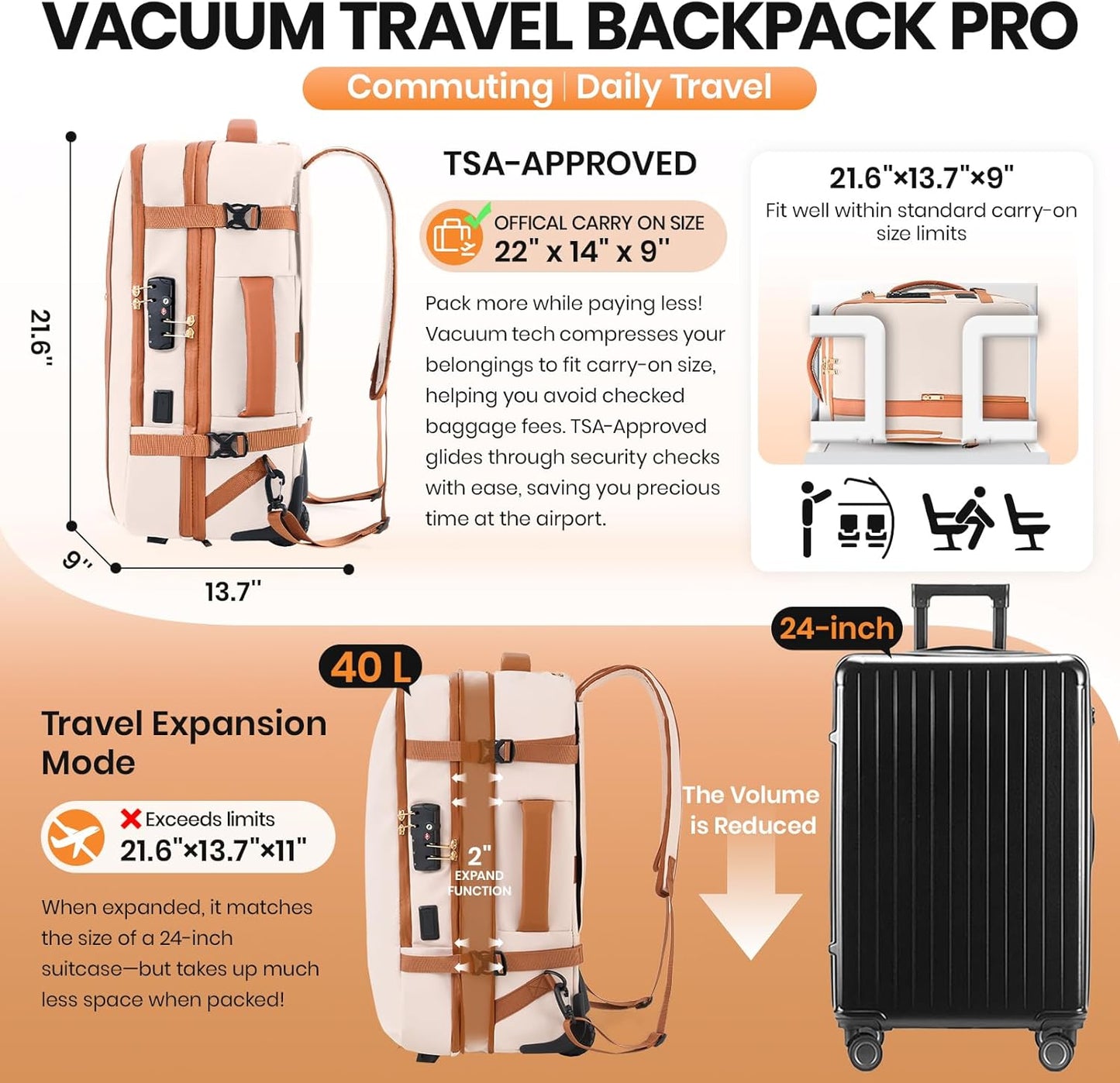 Fanwoli Vacuum Rolling Travel Backpack, Carry On Luggage with TSA Lock & Anti Theft Zipper, 70L Expandable Airback with Compression Pump, Waterproof Laptop Bag Ideal for Flight & Business