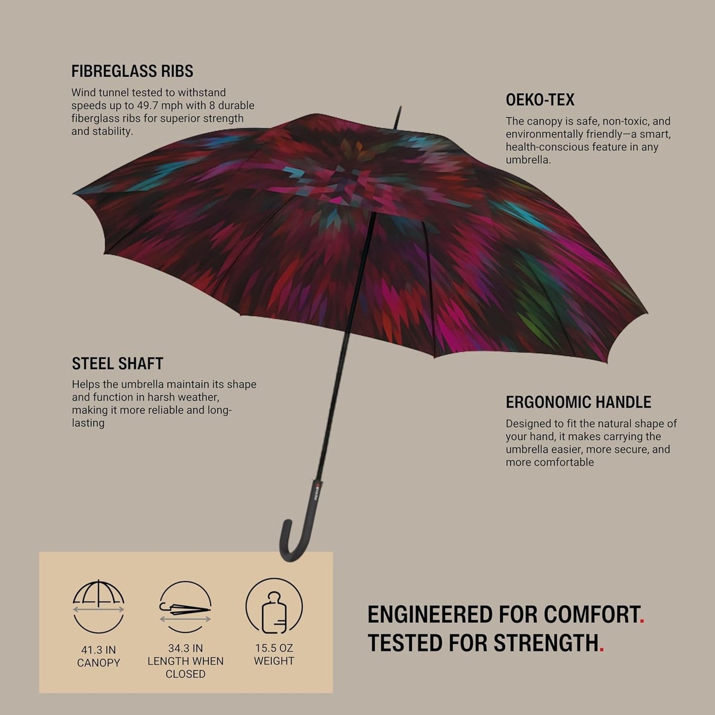 Knirps T.760 Stick Automatic Auto Open Rain Umbrella With Curved Handle - Windproof Travel Cane With Automatic Open Button - For Adults - 107cm Diameter