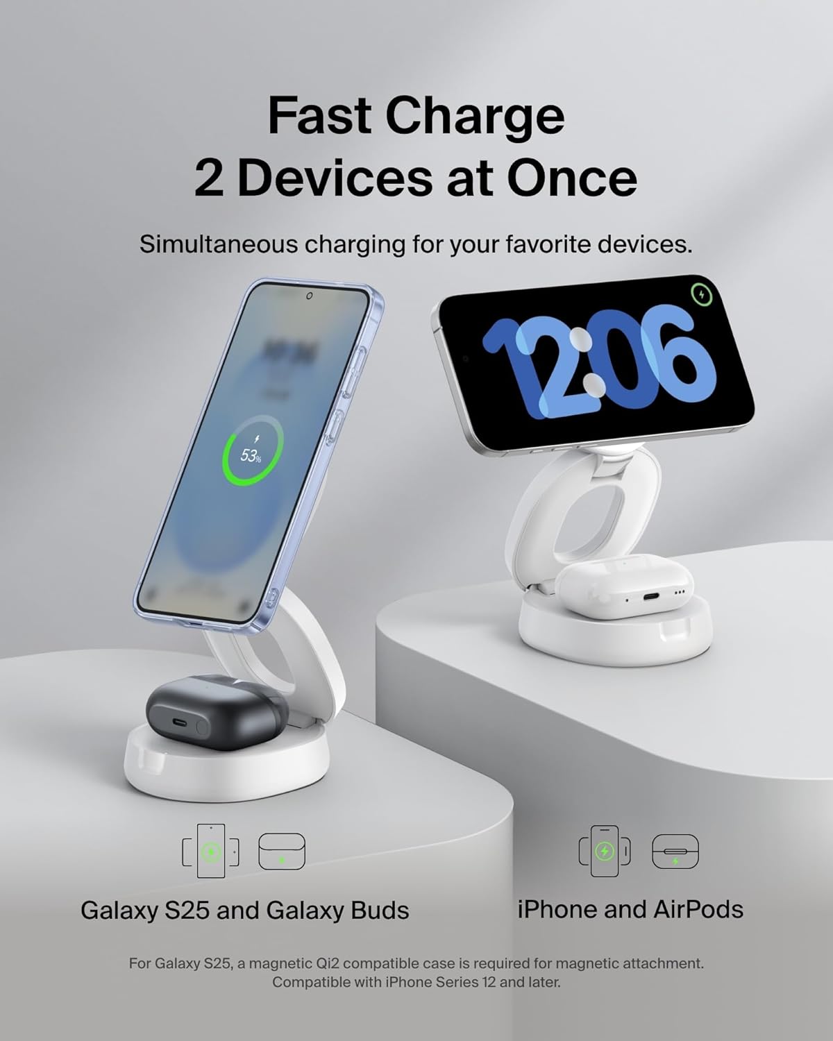 Belkin MagSafe Charger Compatible, 2-in-1 Qi2 Wireless Charging Station 15W, Convertible Charger for iPhone 17, Apple Watch, AirPods, Pixel 10, Portable Phone Stand for Travel w/ 30W Adapter - White