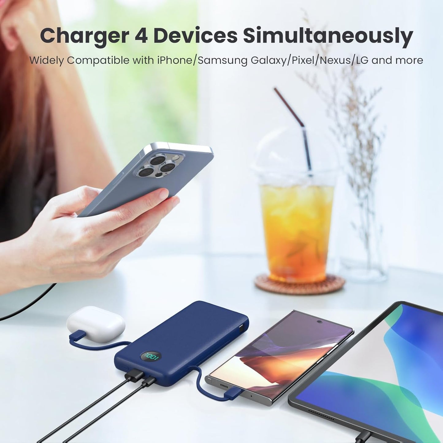 Portable Charger 13800mAh Slim USB C Power Bank with Built in Cables and Wall Plug,LCD Display Lightweight Travel Battery Pack,PD Fast Charging Compatible with iPhone 17,16,Samsung Android-Navy