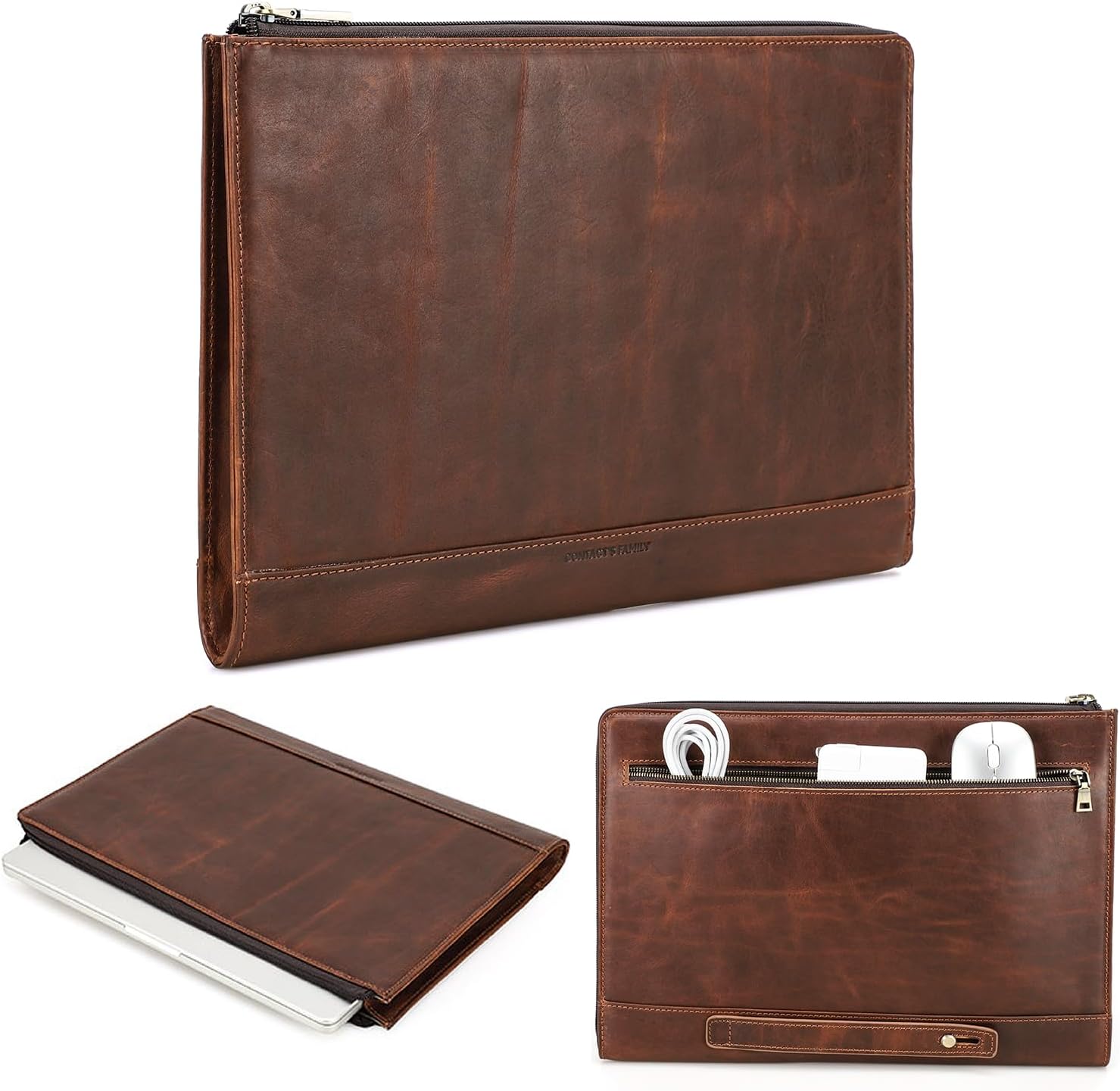 Top Grain Leather 14.2" Slim Laptop Handheld Zipper Bag, Vintage Design & 2 Pockets, Handmade