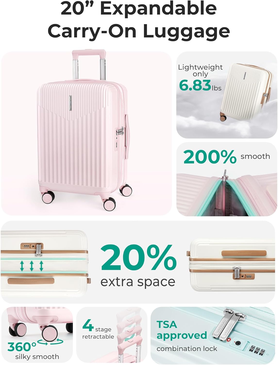 BAGSMART Carry On Luggage 22x14x9 Airline Approved with Spinner Wheels,100% PC Hardside Expandable Luggage with TSA Lock for Trips, 20 Inch Rolling Suitcases for Men Women,Pink