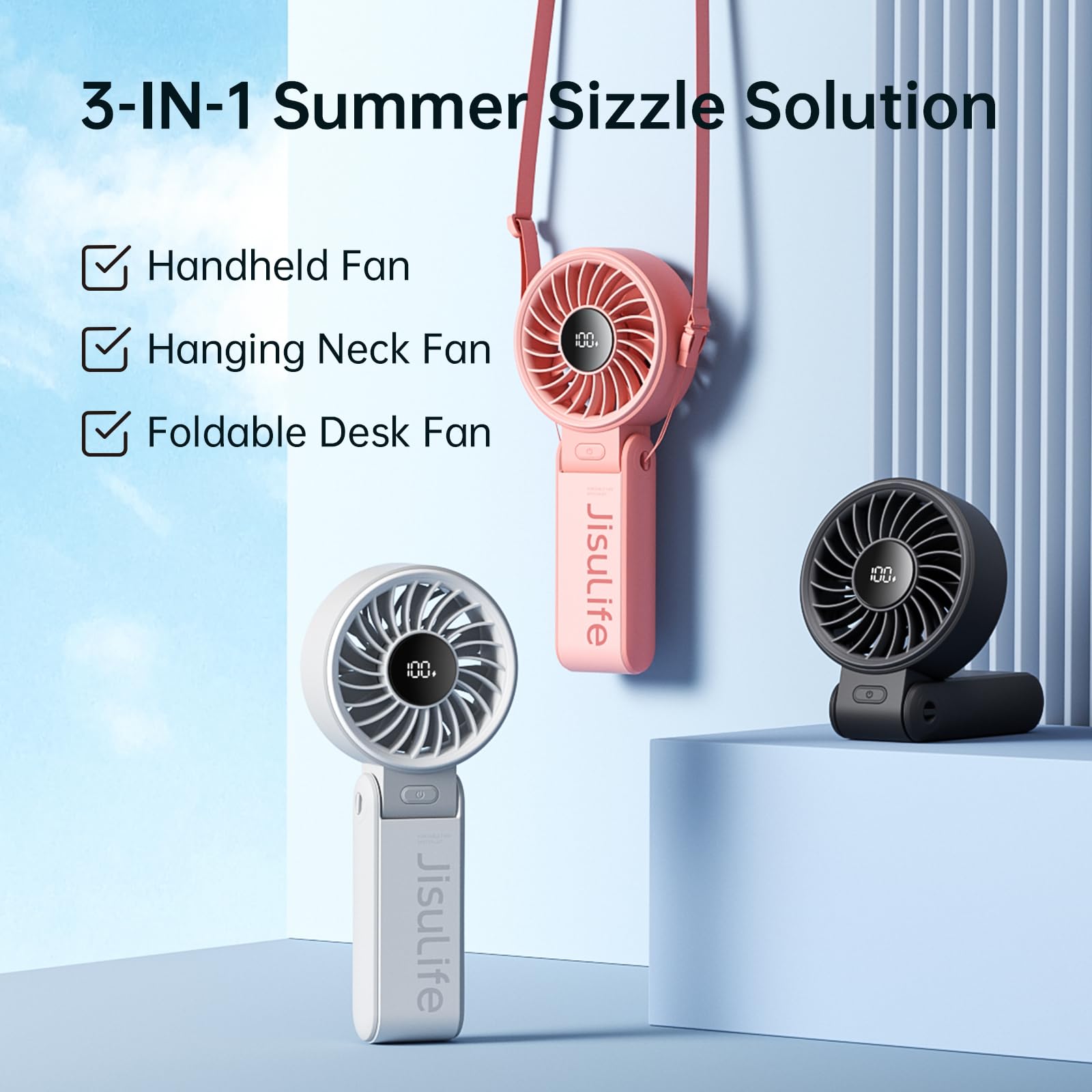 JISULIFE Portable Handheld Fan Life7: 3-in-1 Hand, Desk & Neck Fan-Black