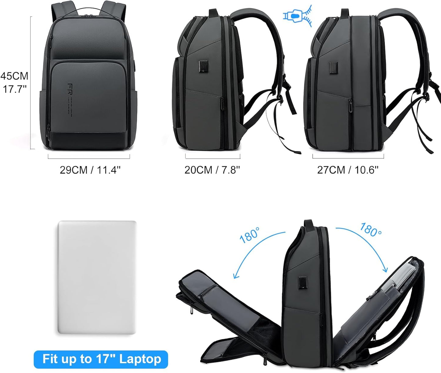 FENRUIEN 17 Inch Travel Backpack Gray, Expandable Water Resistant Computer Backpack with USB Port, Laptop Bag for Business/College/Work