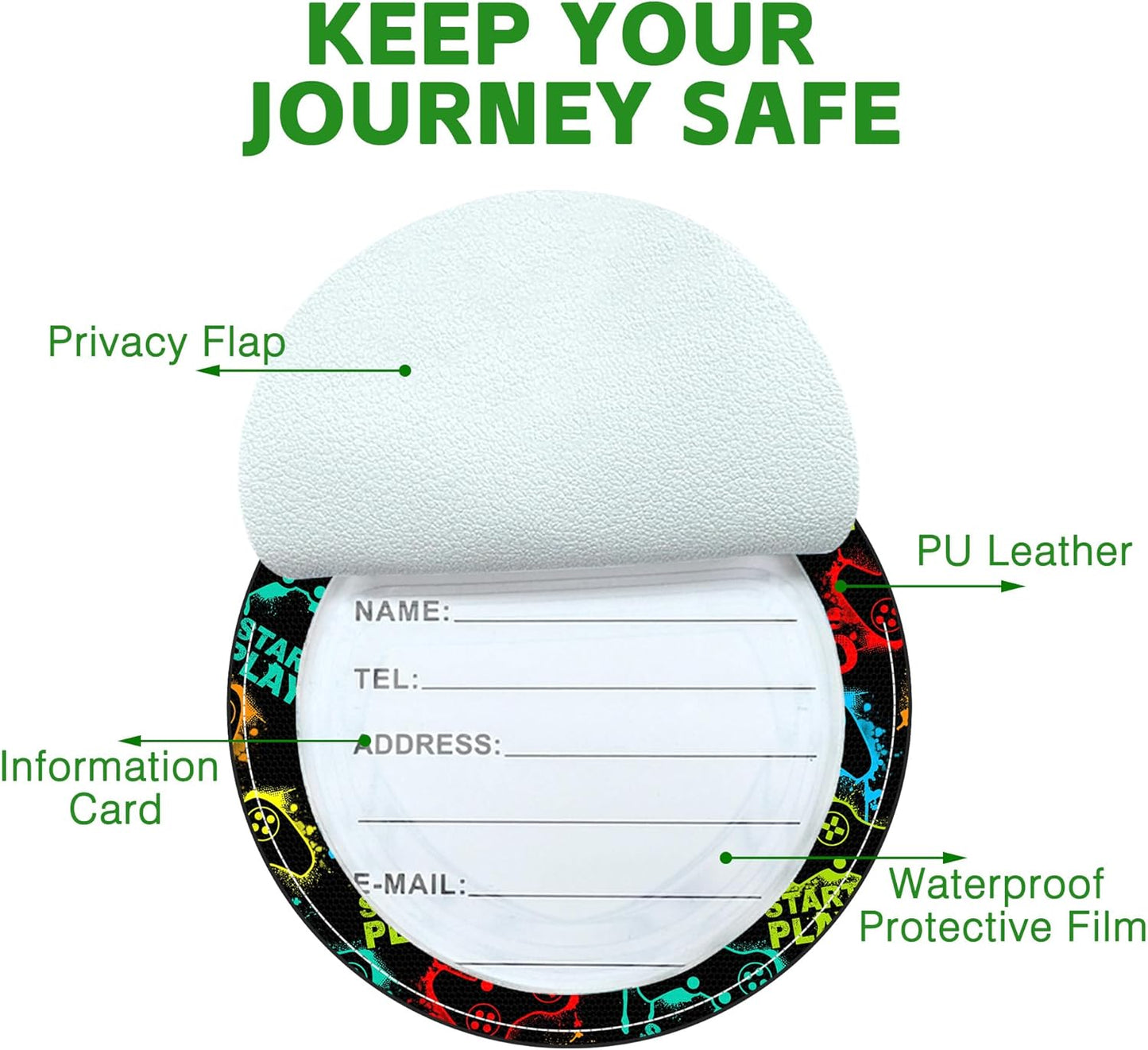 Round Cute Luggage Tags 2 Pack Bright Gamepad Creative Baggage Tags,Cruise Travel Baggage Suitcases Tag with Stainless Steel Loop ID Tag Privacy Flap