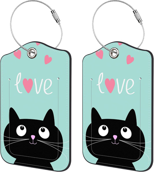 2 Pack Luggage Tags for Suitcase,Hearts and Cute Cat PU Leather Idea Baggage Tag with Name Labels Privacy Cover Metal Ring Men and Women Travel Cruise Labels
