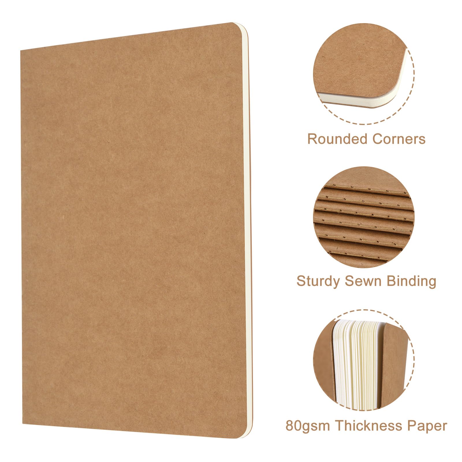 ZCZN 5 Pack A5 Kraft Notebooks Bulk, 8.15x5.5 Inches Lined Paper Journaling Notebooks, Notebooks