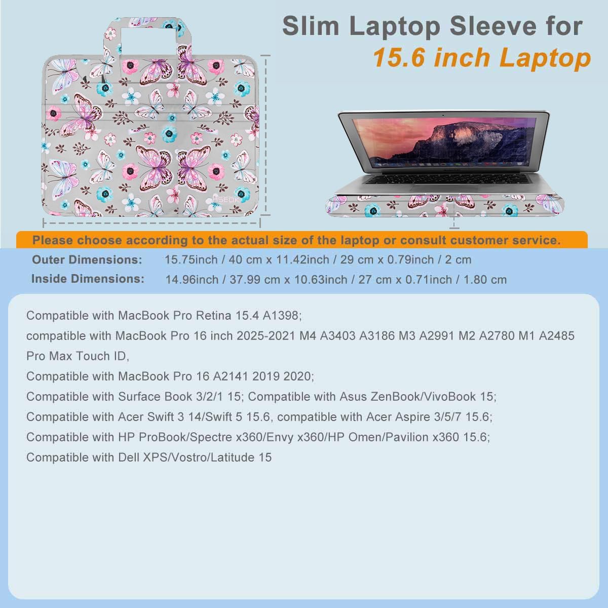 Laptop Case 15.6 inch Shoulder Bag, Durable Shockproof Protective Computer Carrying Briefcase with Multi-Pockets and Strap Compatible with Most 15.6 inch Notebooks,Butterfly