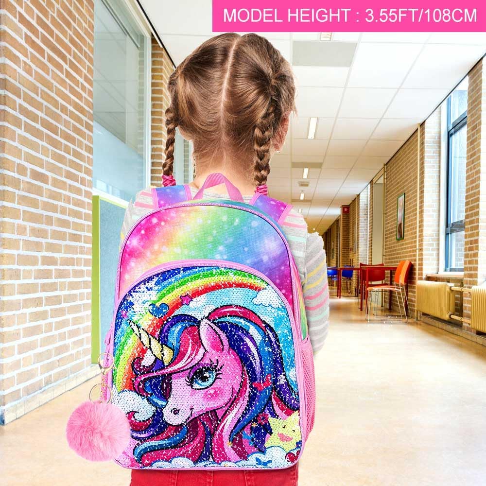 3PCS Unicorn Backpack, 16" Girls Rainbow Sequins Kids Bookbag with Lunch Box, School Bags for