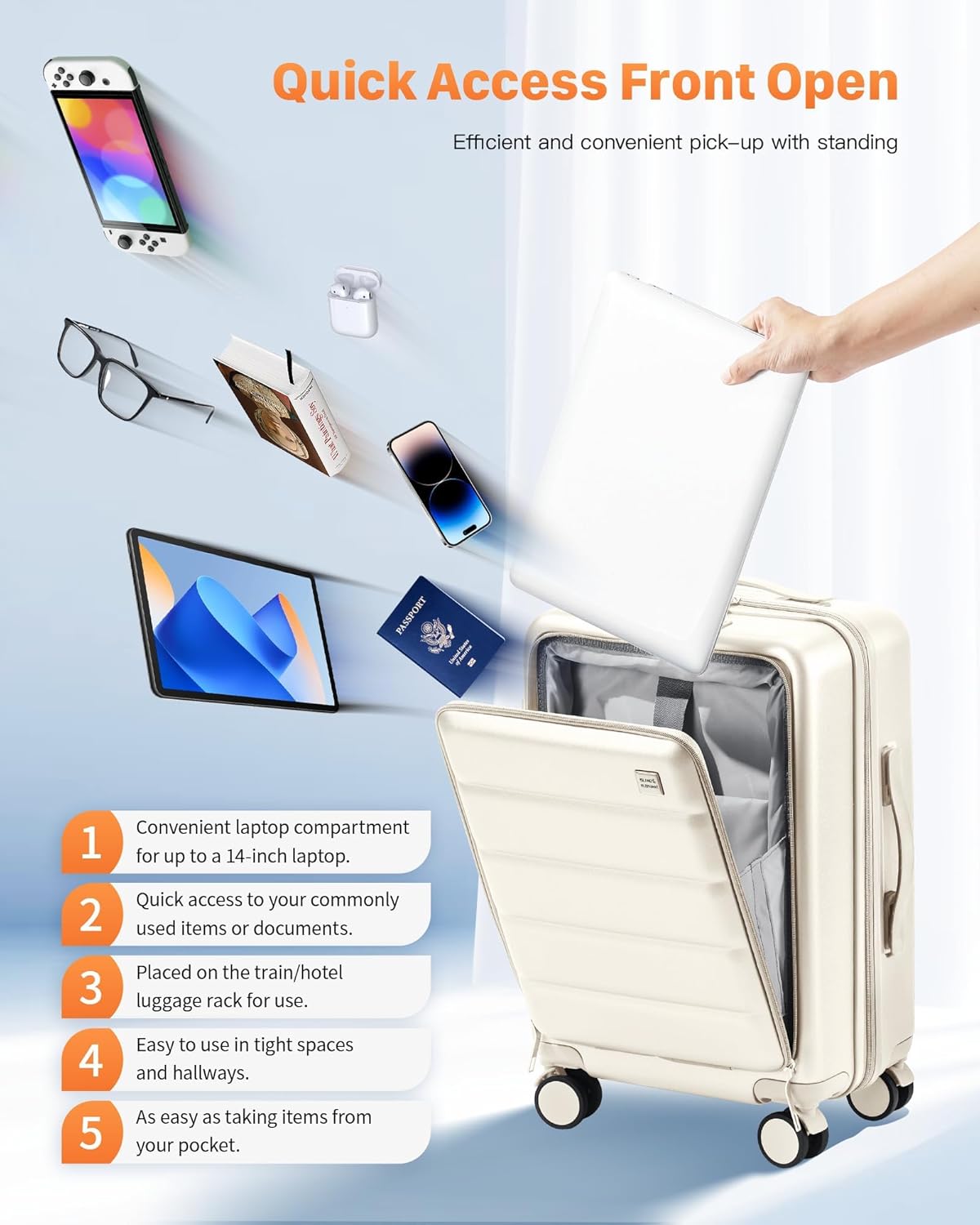 20 IN Carry On Luggage 22x14x9 Airline Approved - Front Pocket Hardside Travel Suitcase Unbreakable -with Cup Holder,Charging Port,Side Pothook, 360°Spinner Wheels, TSA Lock-White