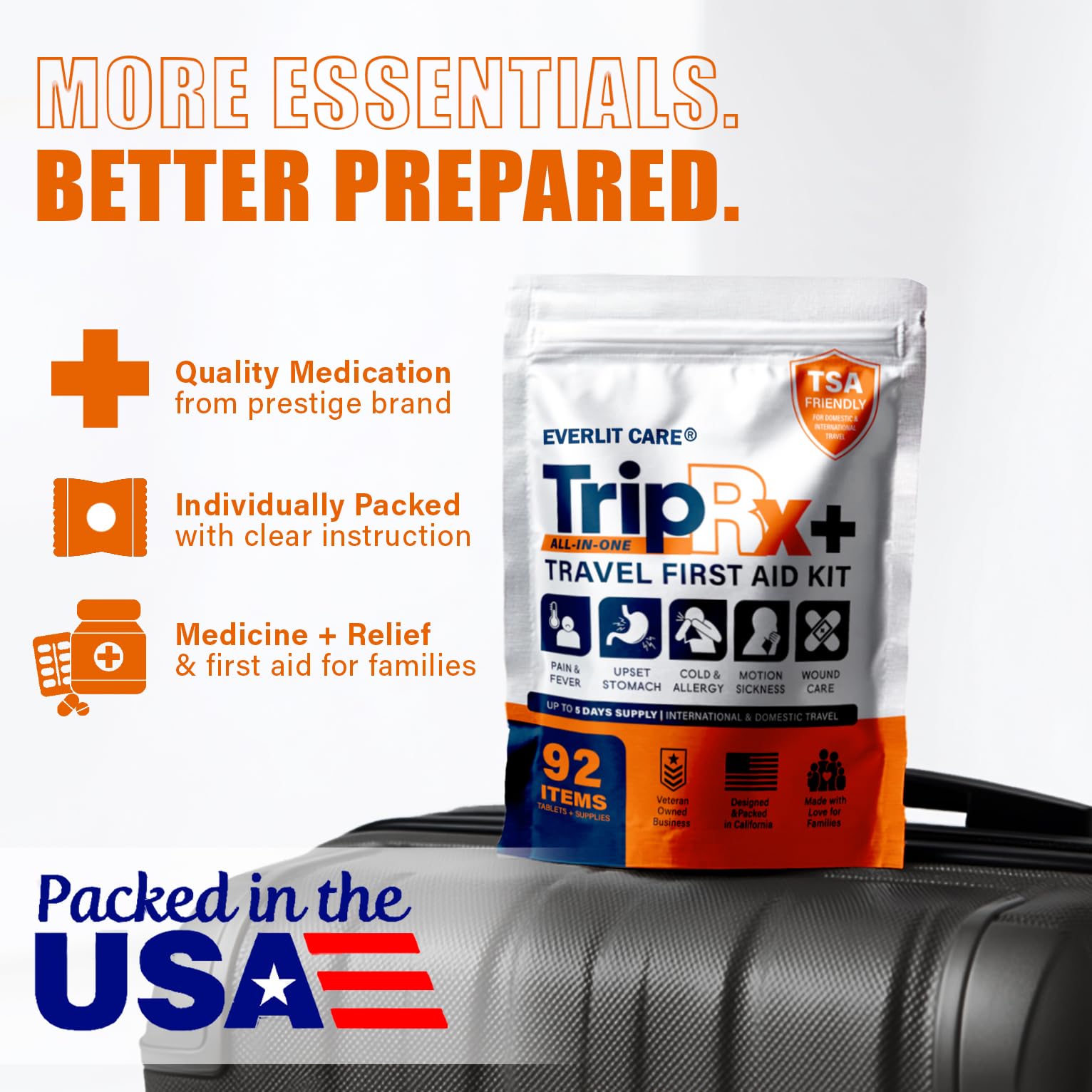 EVERLIT CARE Travel Medicine All in One First Aid Kit I OTC Meds + Medical Supplies I TSA Compliant