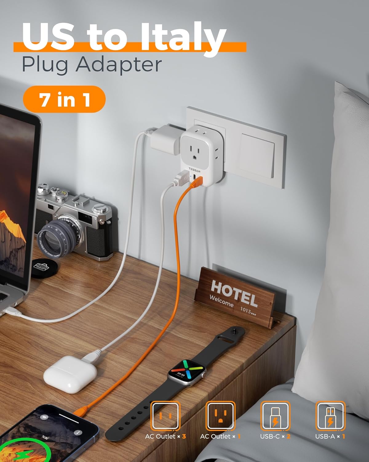 TESSAN Italy Travel Plug Adapter, Type L Adapter for Travel with 4 Outlets 3 USB (2 USB-C), Power Adaptor for US to Italy Chile Rome Uruguay Milan Libya