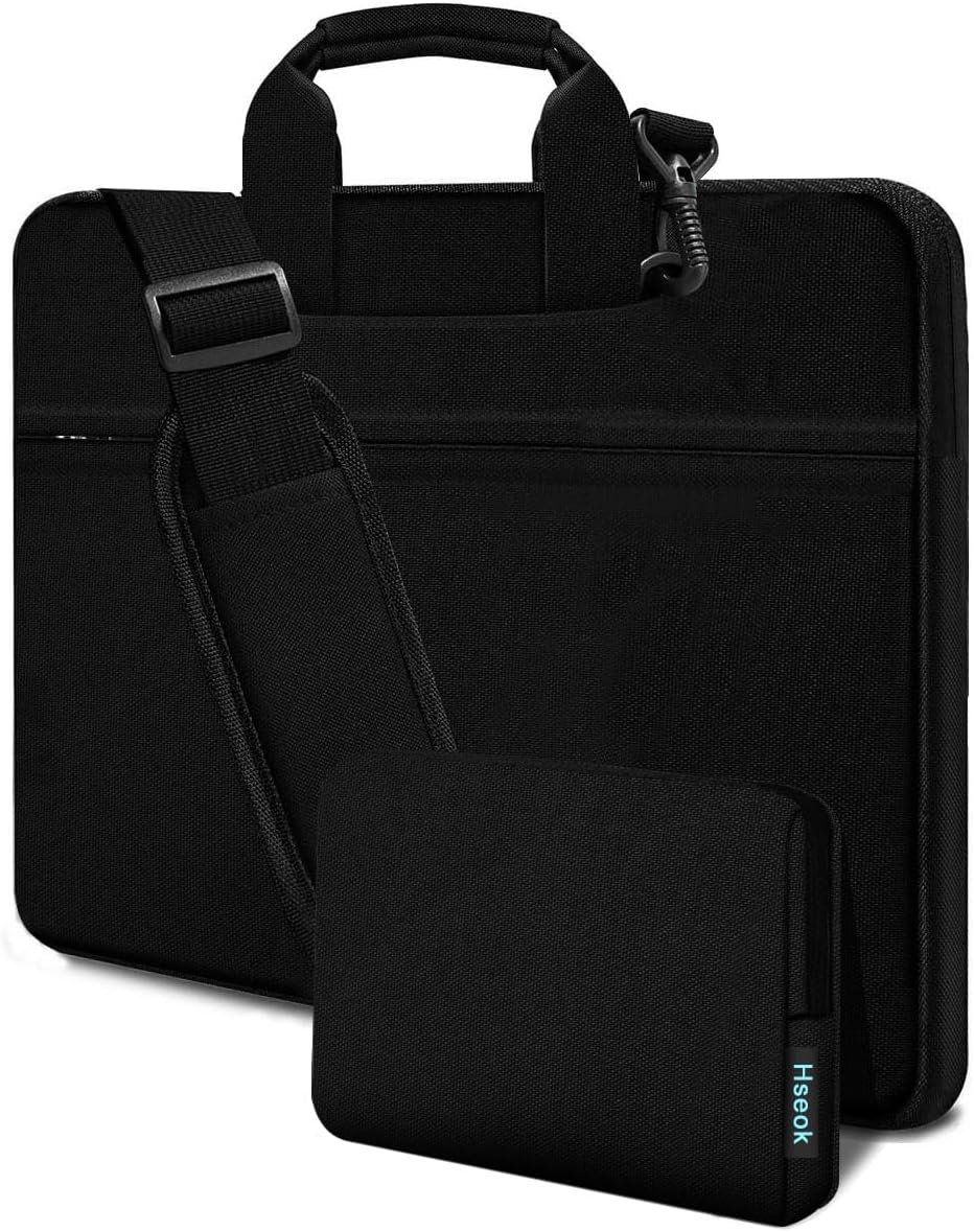 Hseok Laptop Shoulder Bag 15.6-16 inch Case, Durable Shockproof Protective Computer Carrying Briefcase with Multi-Pockets and Strap Compatible with Most 15 15.6 16 inch Notebooks,Black