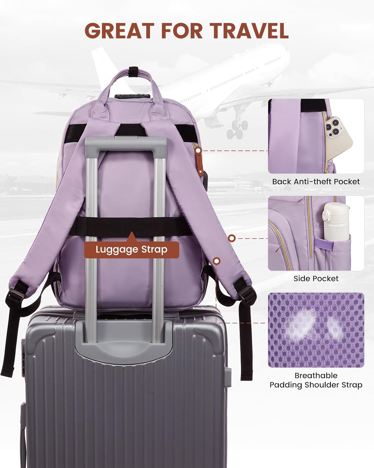 LOVEVOOK Laptop Backpack Purse for Women, Unisex Large Capacity 17 Inch Travel Anti-theft Bag, Work Business Computer Bags backpack, Casual Hiking Daypack with Lock, Light Purple