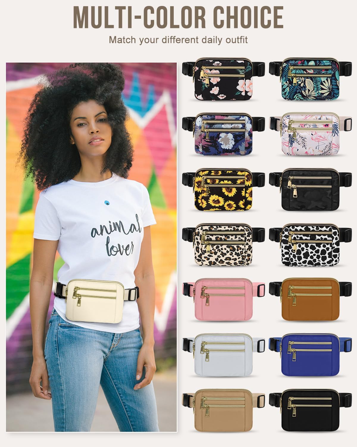 Capolo Fanny Packs for Women Fashion Waist Packs Bag with Adjustable Strap and 4 Zipper Pockets Waterproof Everywhere Crossbody Belt Bag for Workout Running Travelling(Ivory, Large)
