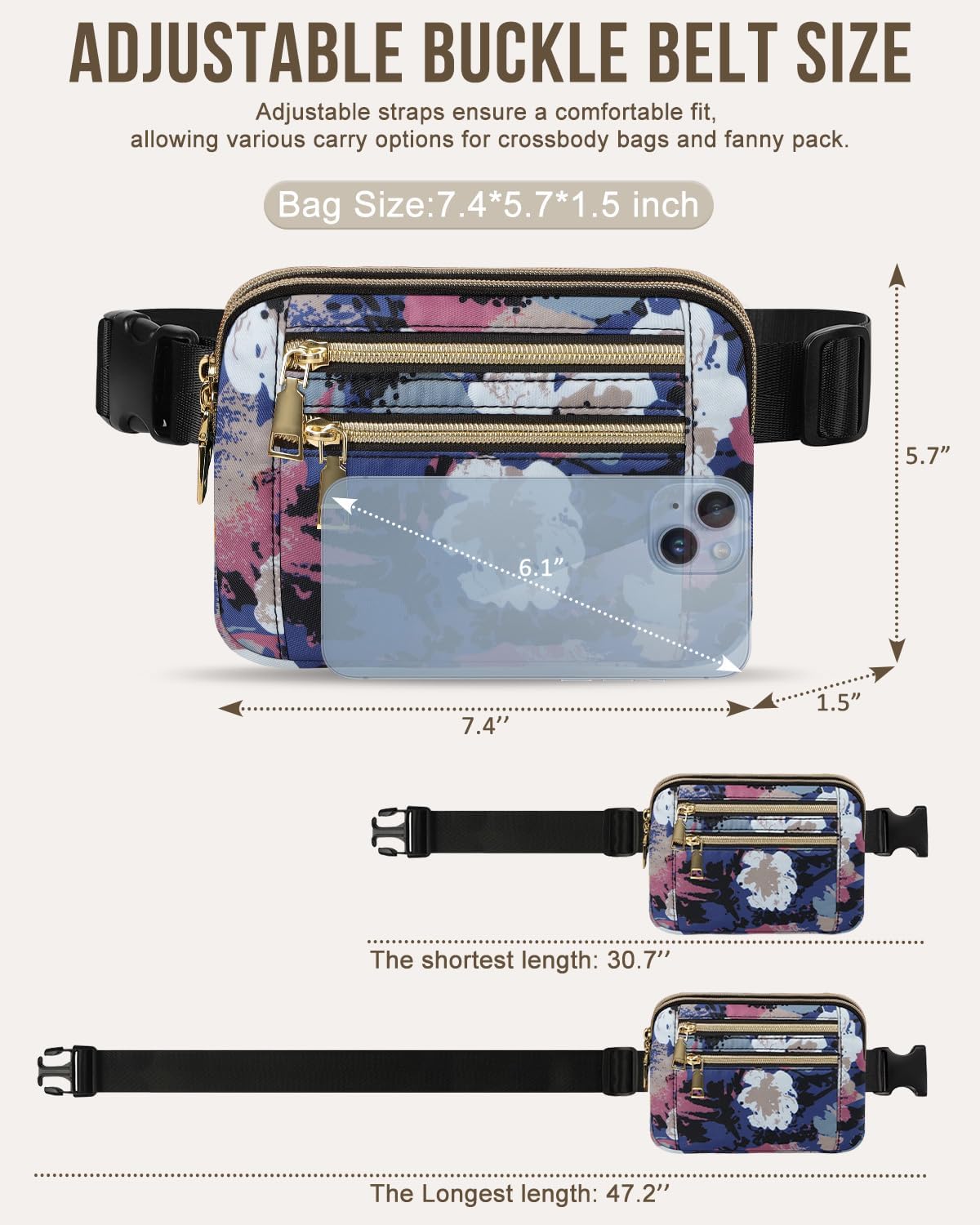 Capolo Fanny Packs for Women Fashion Waist Packs Bag with Adjustable Strap and 4 Zipper Pockets Waterproof Everywhere Crossbody Belt Bag for Workout Running Travelling(Watercolor Print)