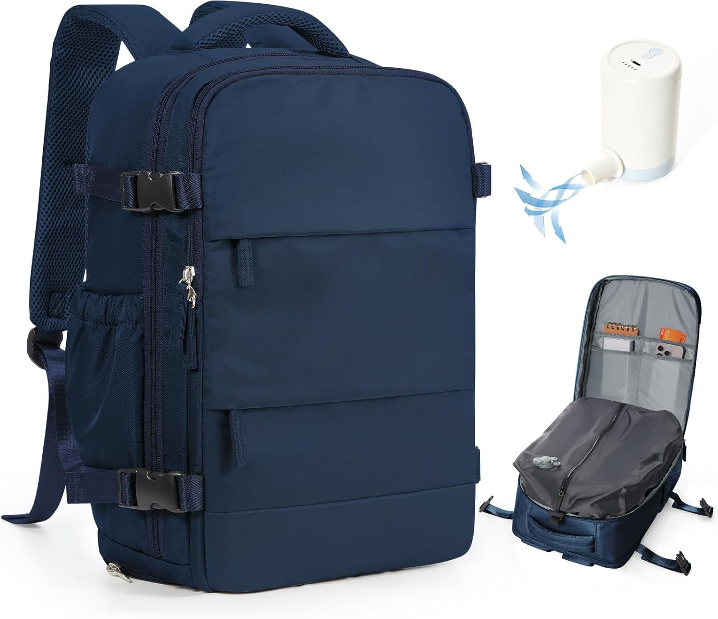 Vacuum Backpack Travel with Pump,Travel Backpack with Vacuum System, Shoe Compartment,United Airlines Personal Item Bag 17x10x9,Mochila compresion al vacio,Navy Blue