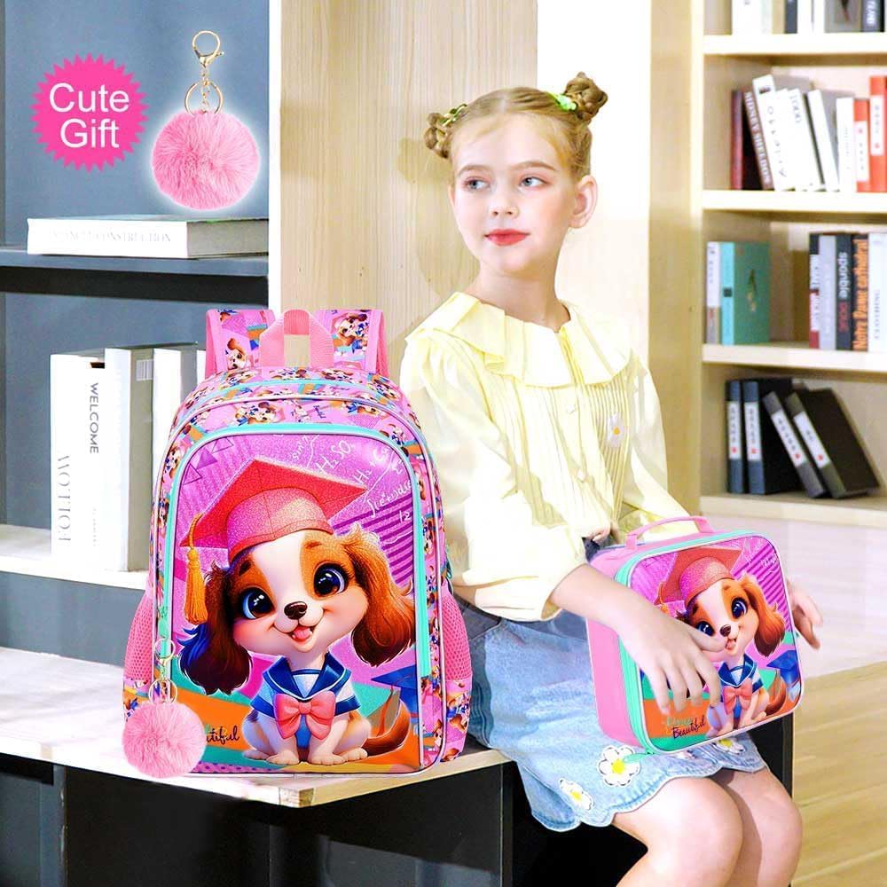 3PCS Girls Dog Backpack, 16" Kids Bookbag with Lunch Box, Kids Water Resistant Elementary Preschool Toddler School Bag - Pink Dr. Dog