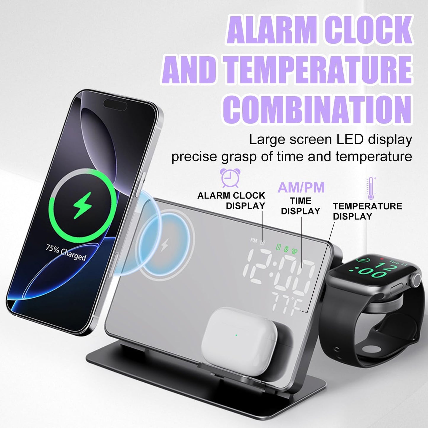 All-in-One Magnetic Charging Station with LED Alarm Clock, Temperature Display, and Makeup Mirror | Simultaneous Fast Charging for Smartphone, Smartwatch, Earbuds