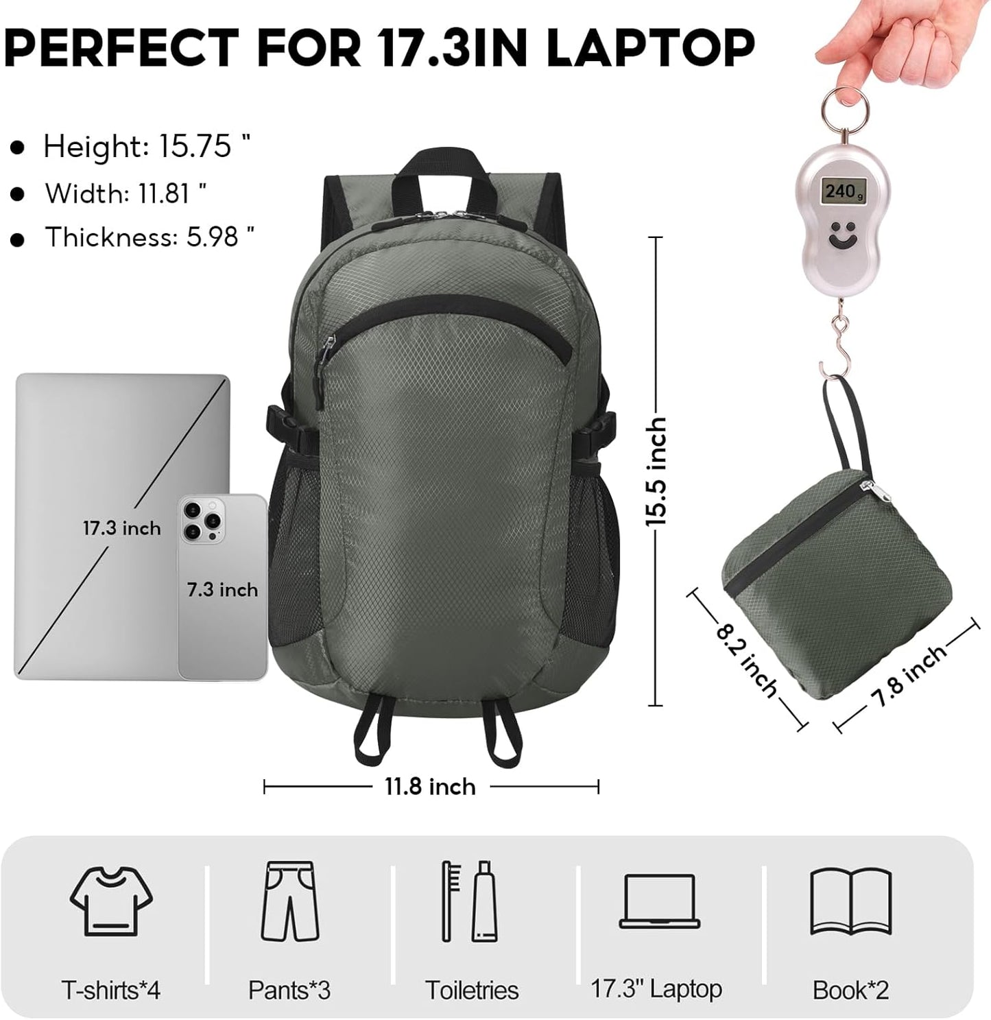 Small Hiking Backpack 15L Travel Lightweight Hiking Packable Daypack Water-Resistant Foldable Backpacks for Women Men Camping (Grey)