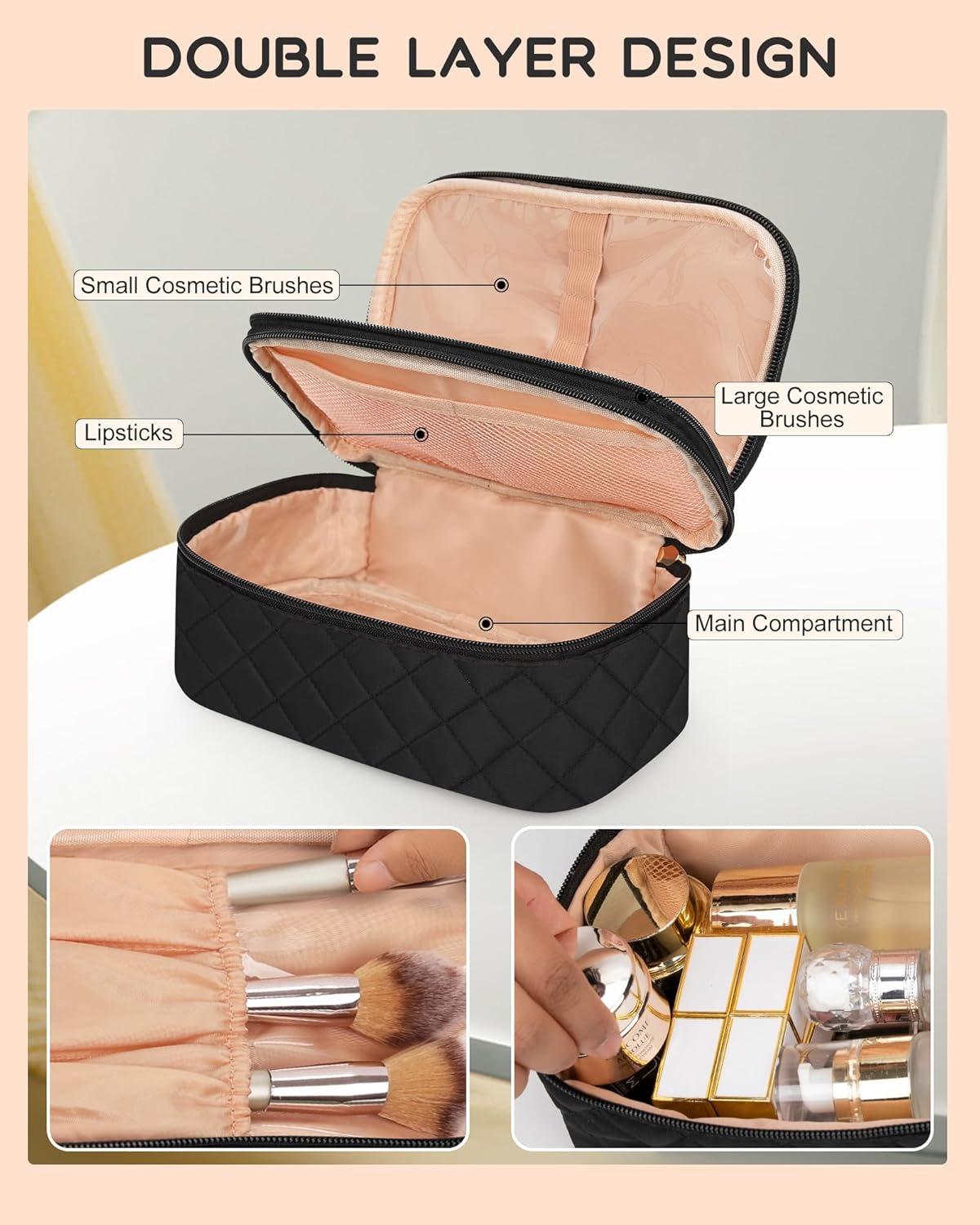 Relavel Makeup Bag, Small Makeup Bag for Women, Travel Cosmetic Bag, 2 Layers Waterproof Makeup