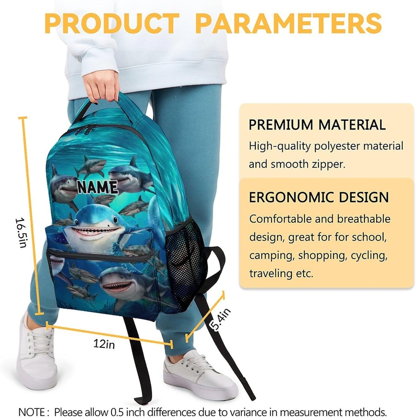 Custom Shark Backpacks for Boys, Large Capacity Backpack for School, Cute Blue Lightweight Bookbag for Kids