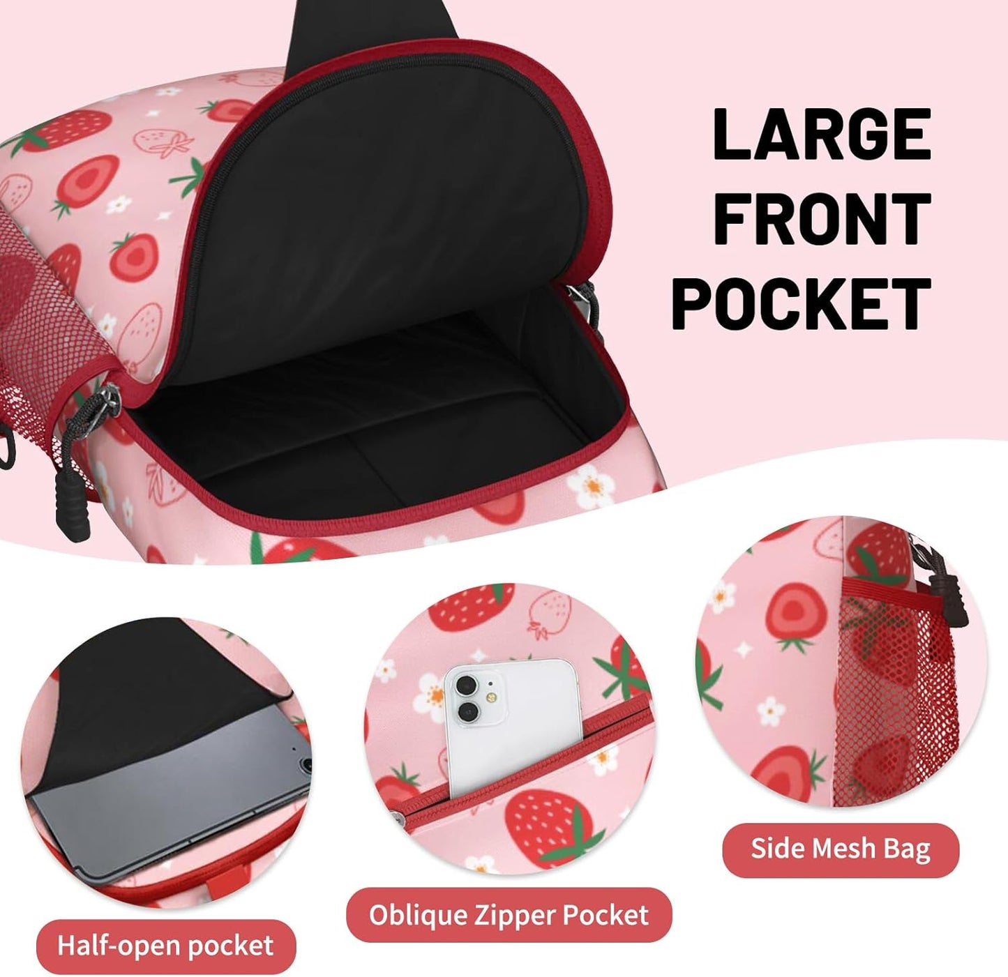 Red Strawberry Sling Bag Crossbody Chest Bag for Women Men, Water Resistant Lightweight Casual Crossbody Bag with Adjustable Strap, Travel Hiking Daypack Shoulder Backpack