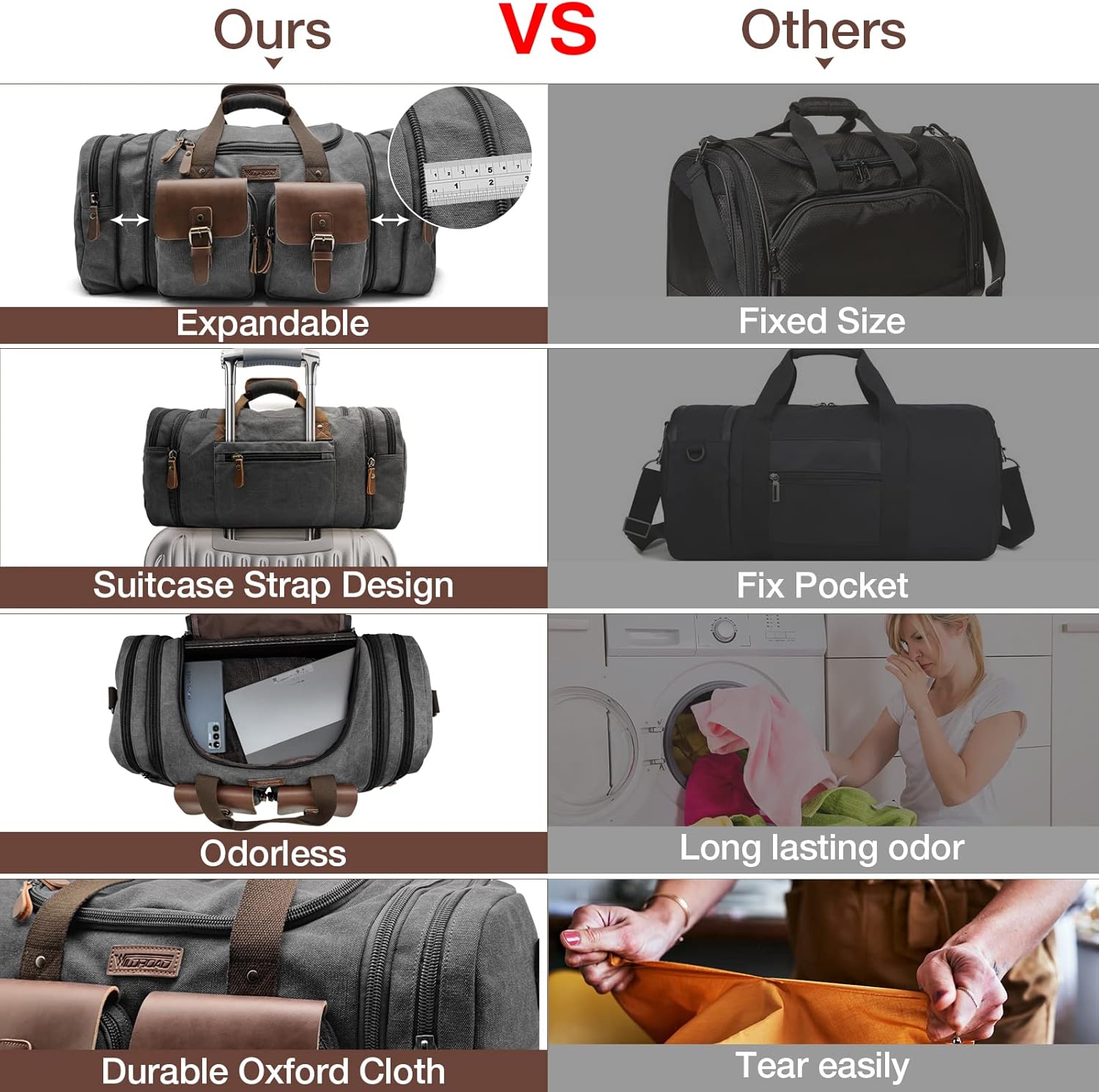 Wildroad 60L Travel Duffel Bag, Expandable Canvas Genuine Leather Duffle Bag Upgraded Overnight