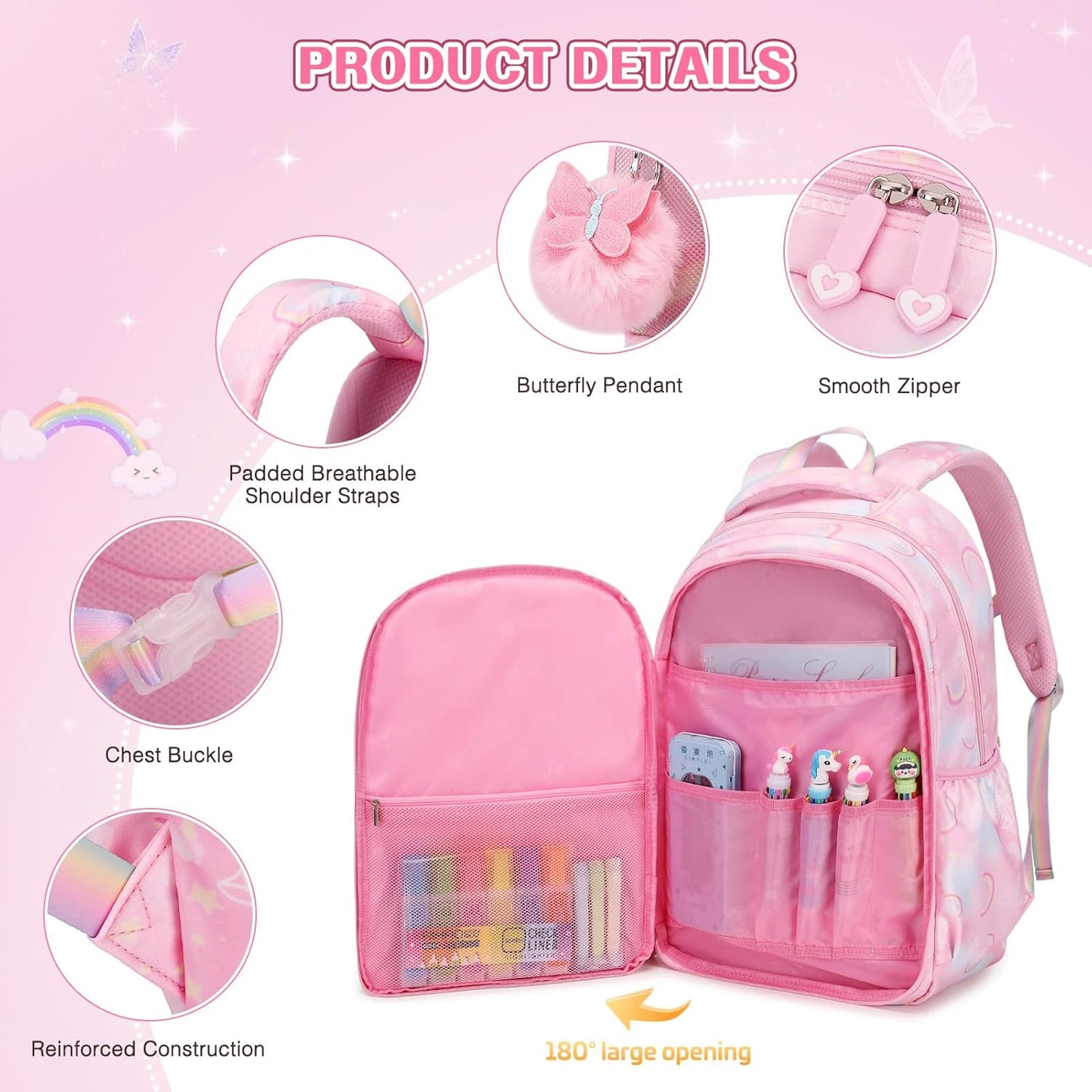 Backpack for Girls, Rainbow Butterfly Girls Backpacks with Lunch Bag Pencil Case Set, Kids Backpack