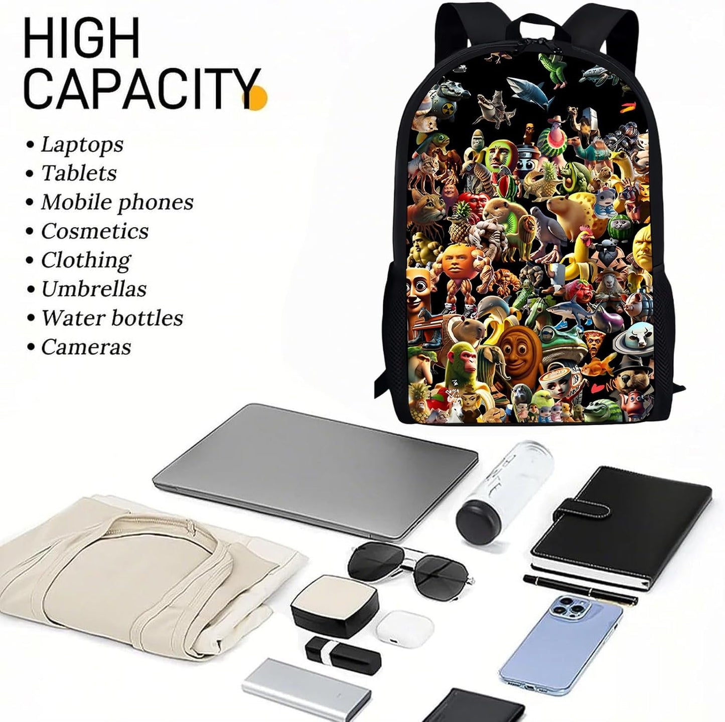  3PCS Italian Brainrot Casual Large Daypack Backpack,17in Shoulder Waterproof Lightweight Daypack Gifts (Color 5)