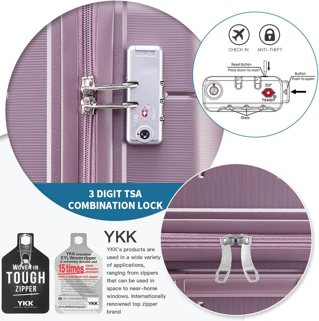 Somago Luggage Sets 3 Piece Hard Shell Polypropylene Suitcase with TSA Lock Spinner Carry On Luggage with Beauty Case Travel Set,Elegant Purple