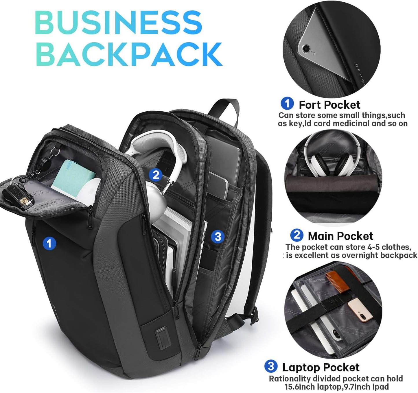 BANGE Travel BackpacksOvernight Laptop Carry-On Backpack for Airplanes Waterproof 15.6 inch Laptop Backpack for Men and Women (Grey)