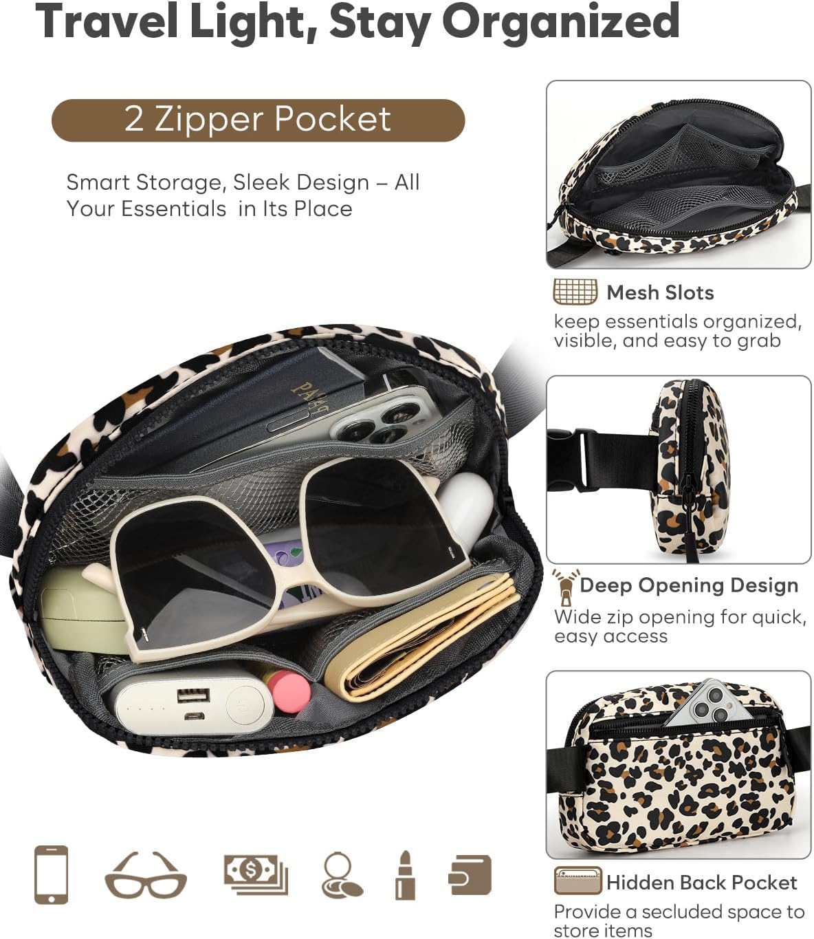 Fanny Packs for Women Cross Body Bag Waterproof Belt Bag with Adjustable Strap and Zipper Back Pocket Small Crossbody Bags Fashion Waist Packs for Workout Travelling(Leopard)