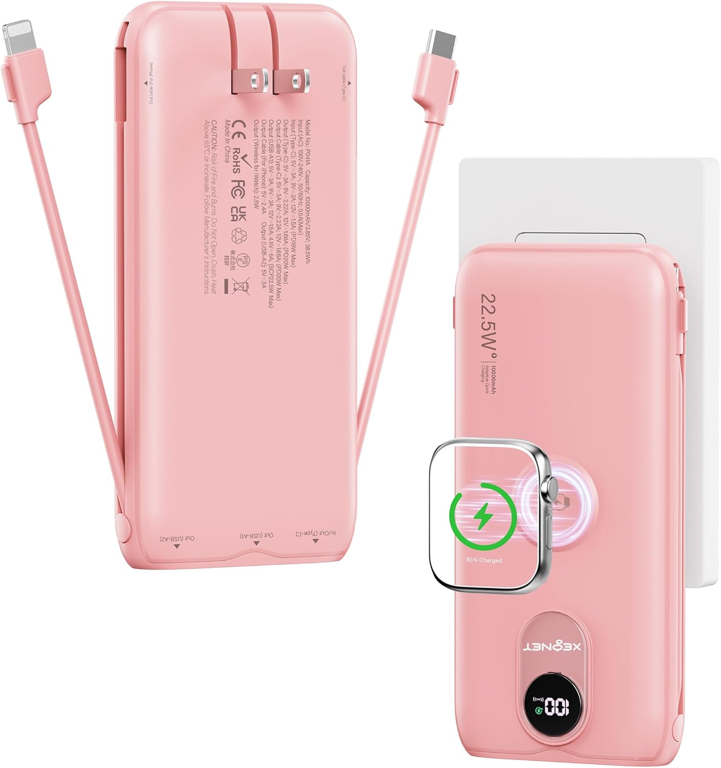 Portable Charger, 10000mAh 22.5W Fast Charging Power Bank with Built in Cable & Wall Plug, Travel Essential Battery Pack with LED Display, External Charger for iPhone, iWatch 11/10/9/8/Ultra/SE Pink