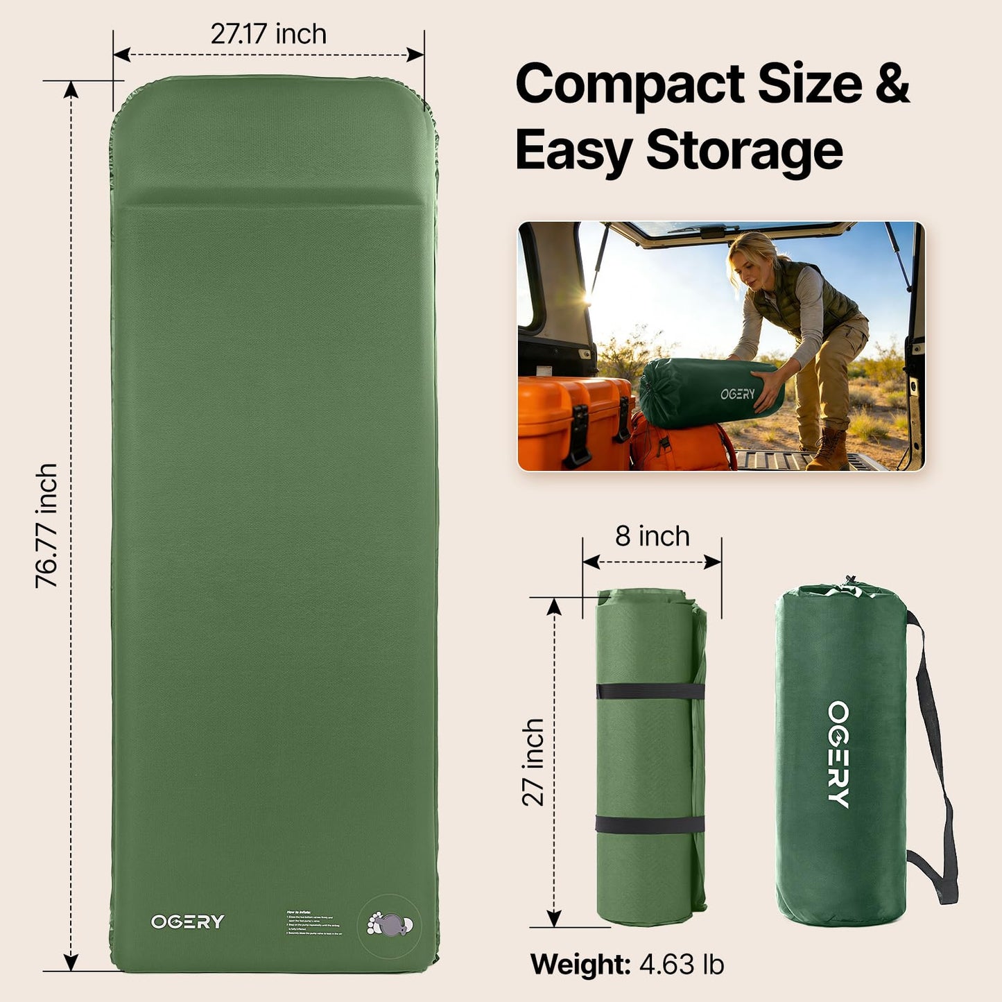 OGERY Self-Inflating Sleeping Pad, 3" Memory Foam Camping Mattress