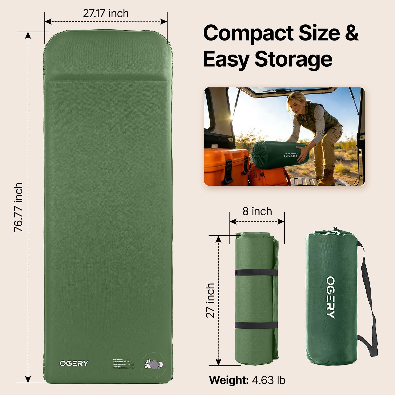 OGERY Self-Inflating Sleeping Pad, 3" Memory Foam Camping Mattress