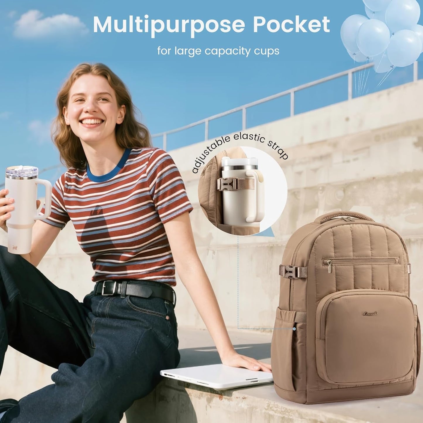 LOVEVOOK Laptop Backpack for Women with Pouch Pocket for Large Capacity Cup,15.6 Inch Lightweight Puffer Computer Laptop Bag Quilted Travel Backpack Purse for Work College Teacher Personal Item,Khaki