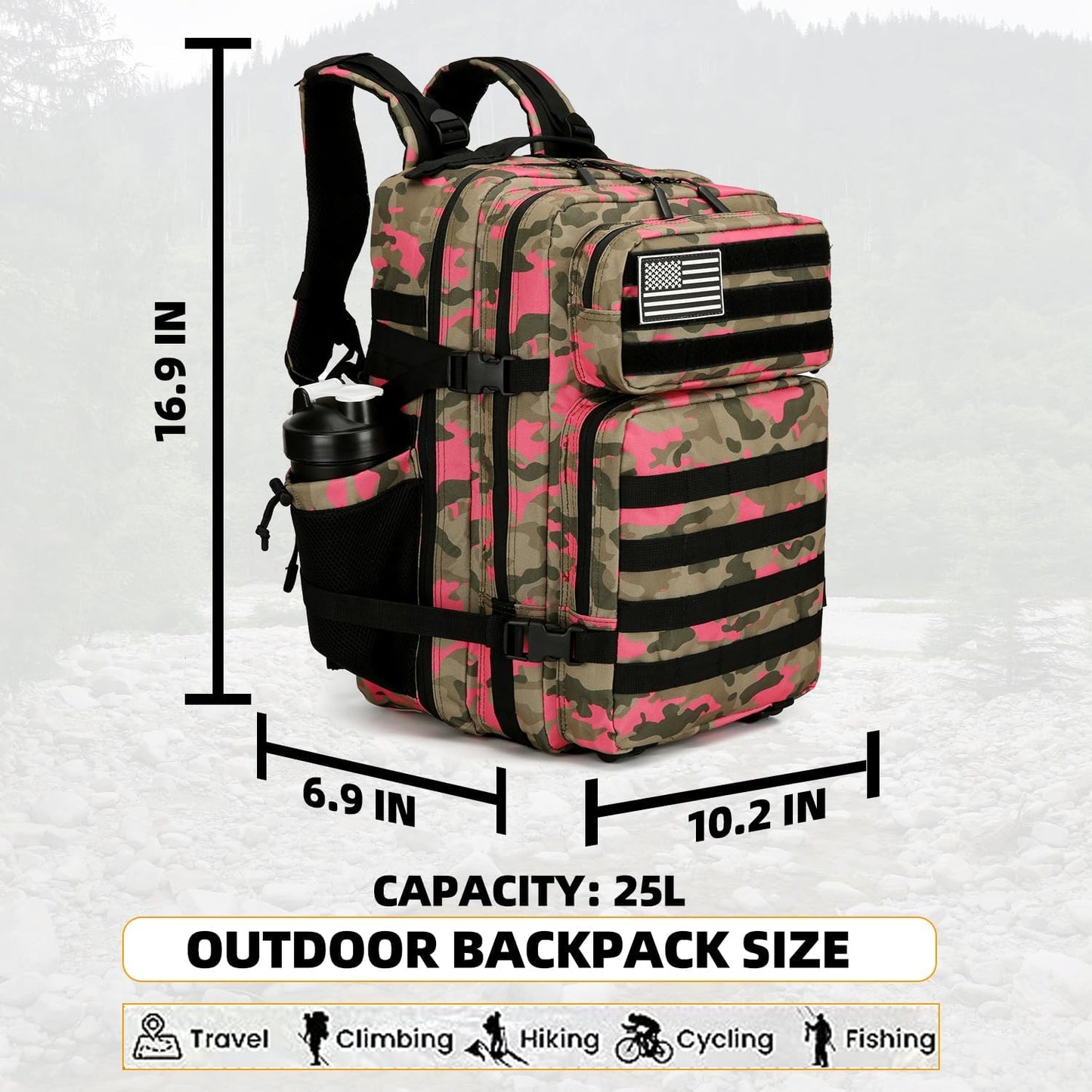 25L Tactical Backpack for Men and Women Military Backpack Army Assault Pack Molle Backpack Small Bug Out Bag Travel Rucksack Daypack (Pink Camo)