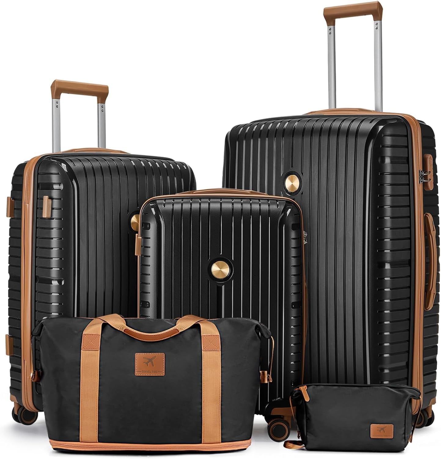 Joyway Luggage Sets 5 Piece PP Hardshell Carry on Suitcase, Travel Lightweight Carry-on with Double Spinner Wheels and TSA Lock, Black Brown