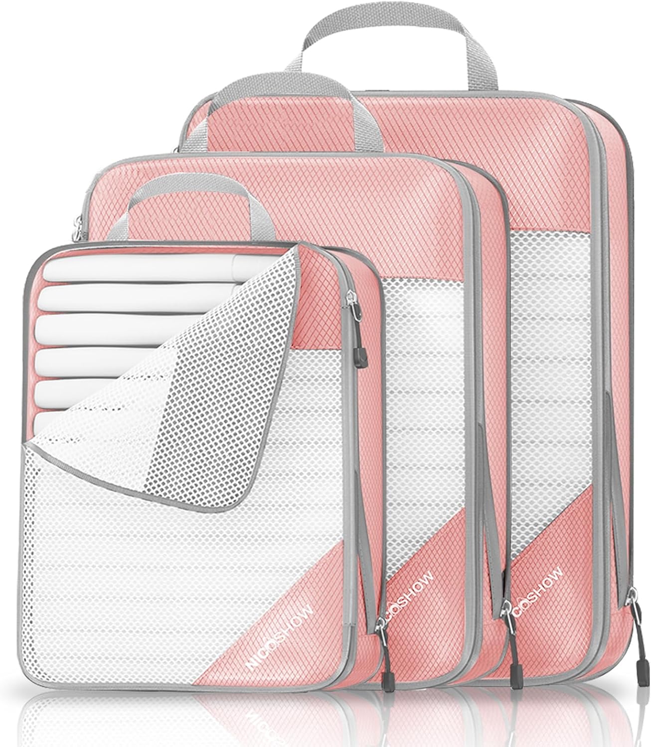 Compression Packing Cubes 3 Set, Compressible Space-Saving Packing Cubes for Travel - Compression Bags, Luggage Organizer, Travel Essentials for Women, Pink