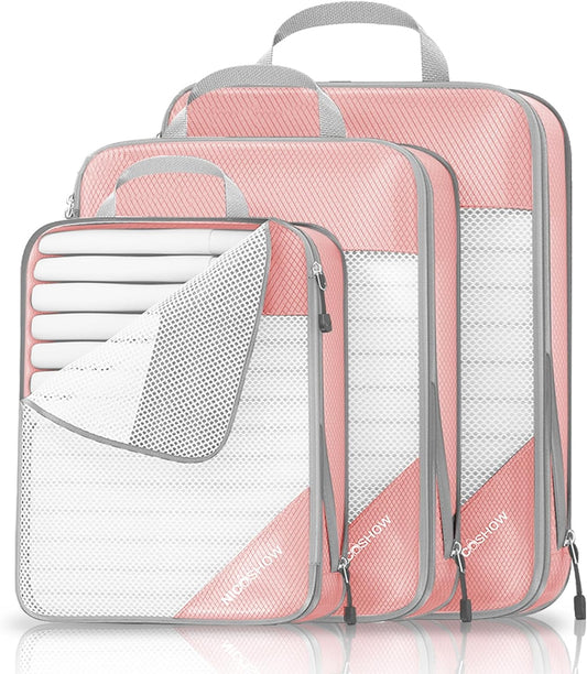 Compression Packing Cubes 3 Set, Compressible Space-Saving Packing Cubes for Travel - Compression Bags, Luggage Organizer, Travel Essentials for Women, Pink