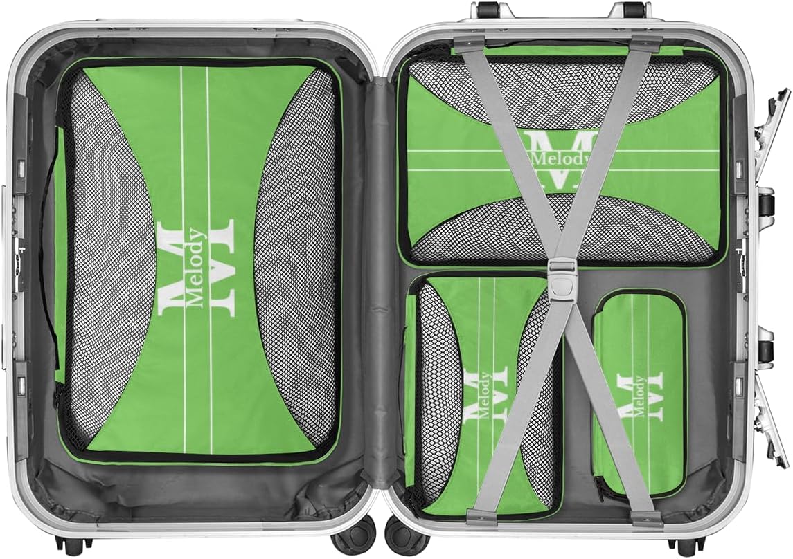 Personalized Packing Cubes, Set of 4 with Zipper Handles for Women Boys, Custom Name Travel Suitcases Luggage Packing Organizers, Lime Green Background with Initial