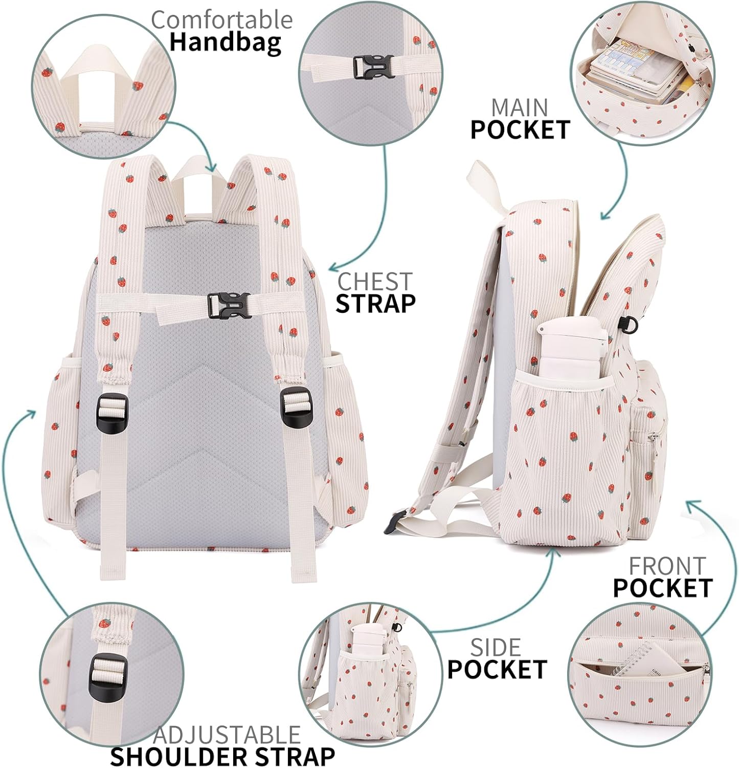 Corduroy Kids Backpack for Boys Girls 2-5 Toddler Backpacks for Primary Elementary Kindergarten (Strawberry Beige, Small (13.7" H Fit A4 Folder))