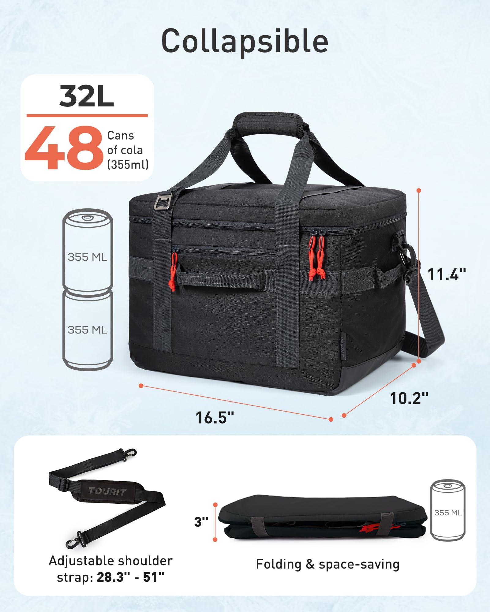 TOURIT Soft Sided Cooler Bag 30/48/60Can, Collapsible & Leakproof Ice Chest