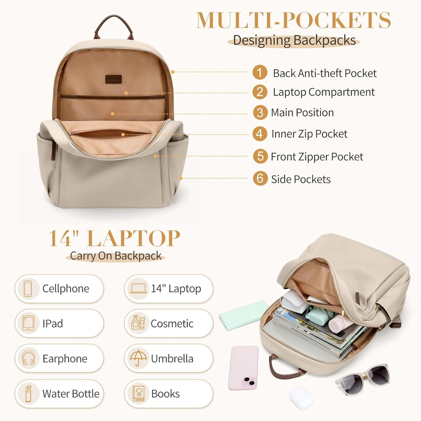 GOLF SUPAGS Stylish Laptop Backpack for Women Computer Bag Fits 14 Inch Notebook Travel College Work Backpacks Purse (Apricot)
