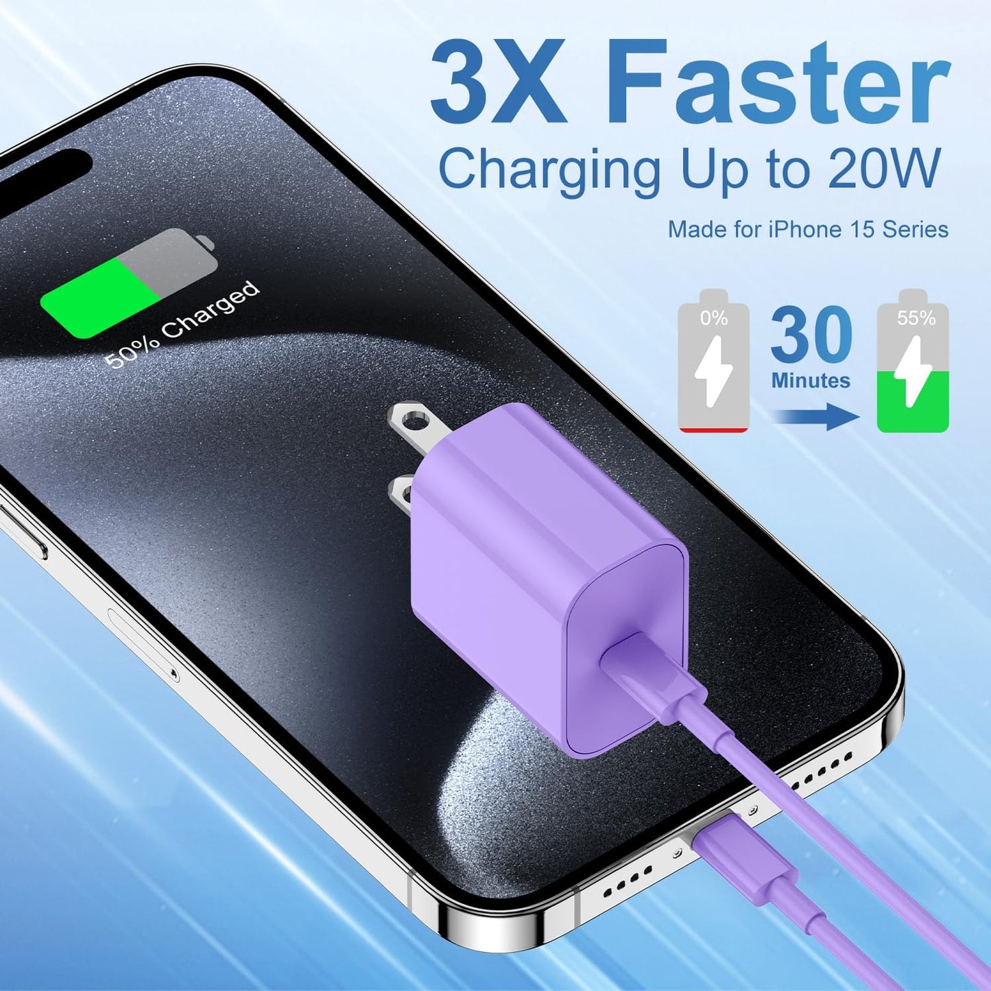 iPhone 17 16 15 Fast Charger Block and 10ft USB C to C Cable Cord Long for Apple iPhone 17 Pro Max/17 Air/16e/16 Plus/15/iPad Mini/Samsung,Type C Wall Charging Power Adapter Plug Cube Brick-Purple