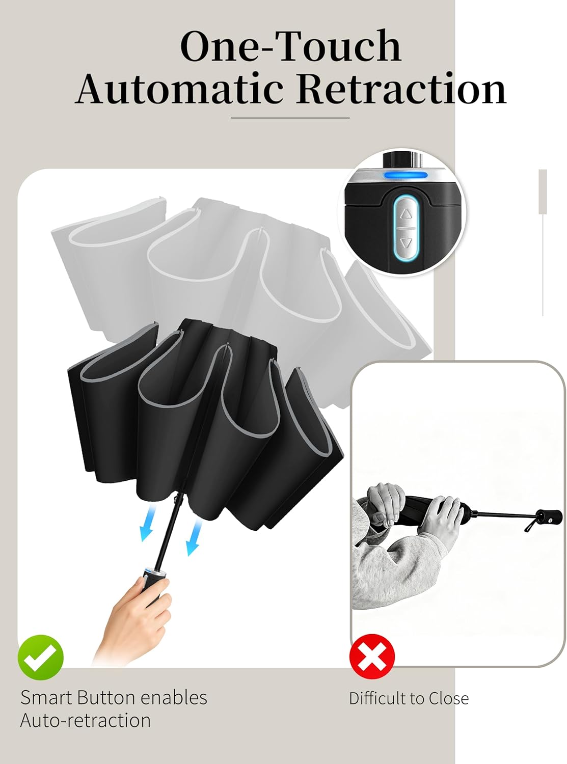 Seniny Electric Travel Umbrella with Intelligent Open Close, Rechargeable Umbrellas for Rain Windproof, Automatic Portable & Compact Umbrella with Reflective Stripe